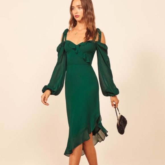 Beautiful emerald Reformation dress. Perfect to dress up or down. Open shoulder - Picture 1 of 3